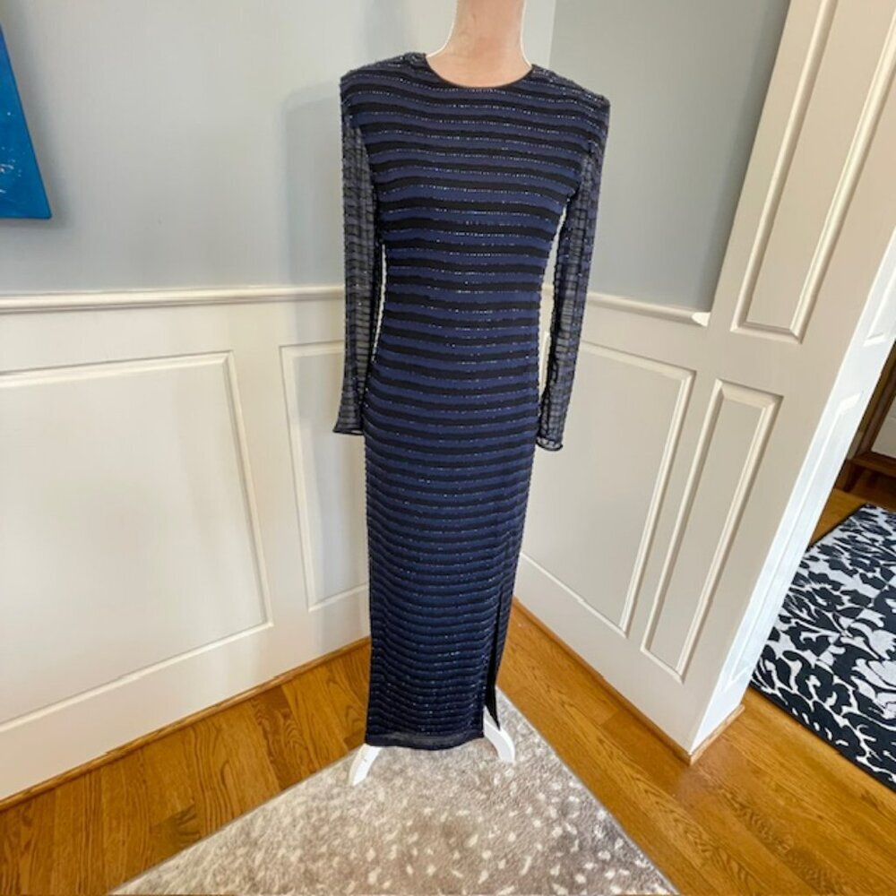 Vintage 100% Silk Beaded Formal Gown Y2K Black & Blue Front Slits Sparkly Size 4 - Picture 2 of 10